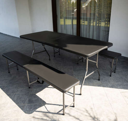 Table de jardin pliante 180 cm + 2 bancs - noir